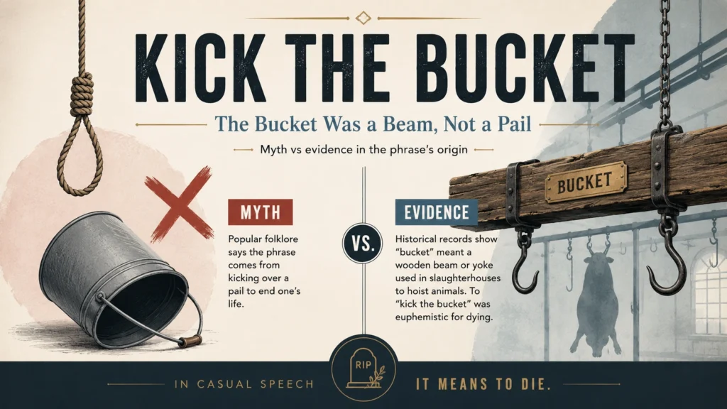 Featured myth-versus-evidence infographic contrasting the familiar pail story for kick the bucket with the historical beam or yoke sense of bucket.