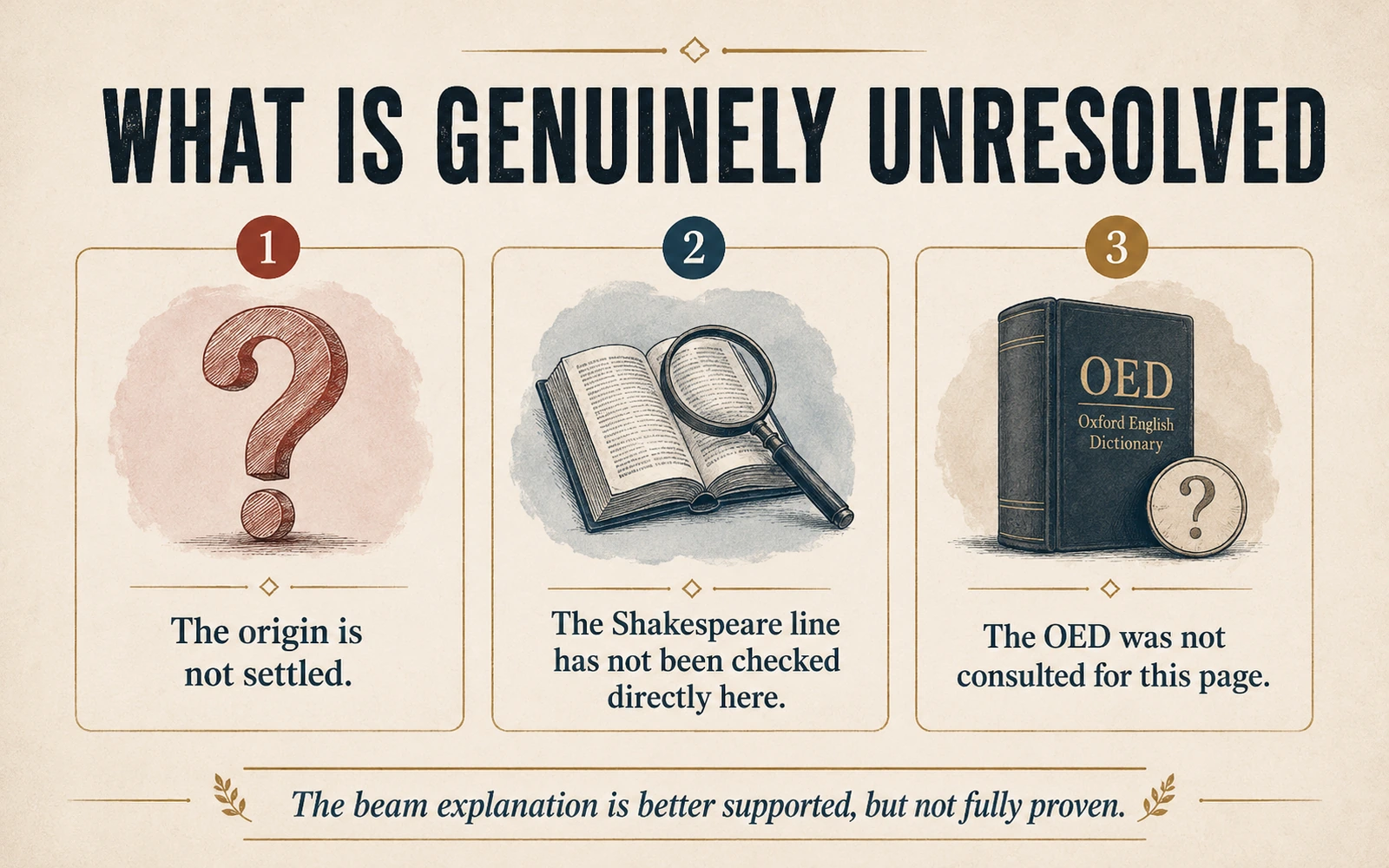 Closing infographic listing three unresolved points: the origin is not settled, the Shakespeare line has not been checked directly here, and the OED was not consulted for this page.