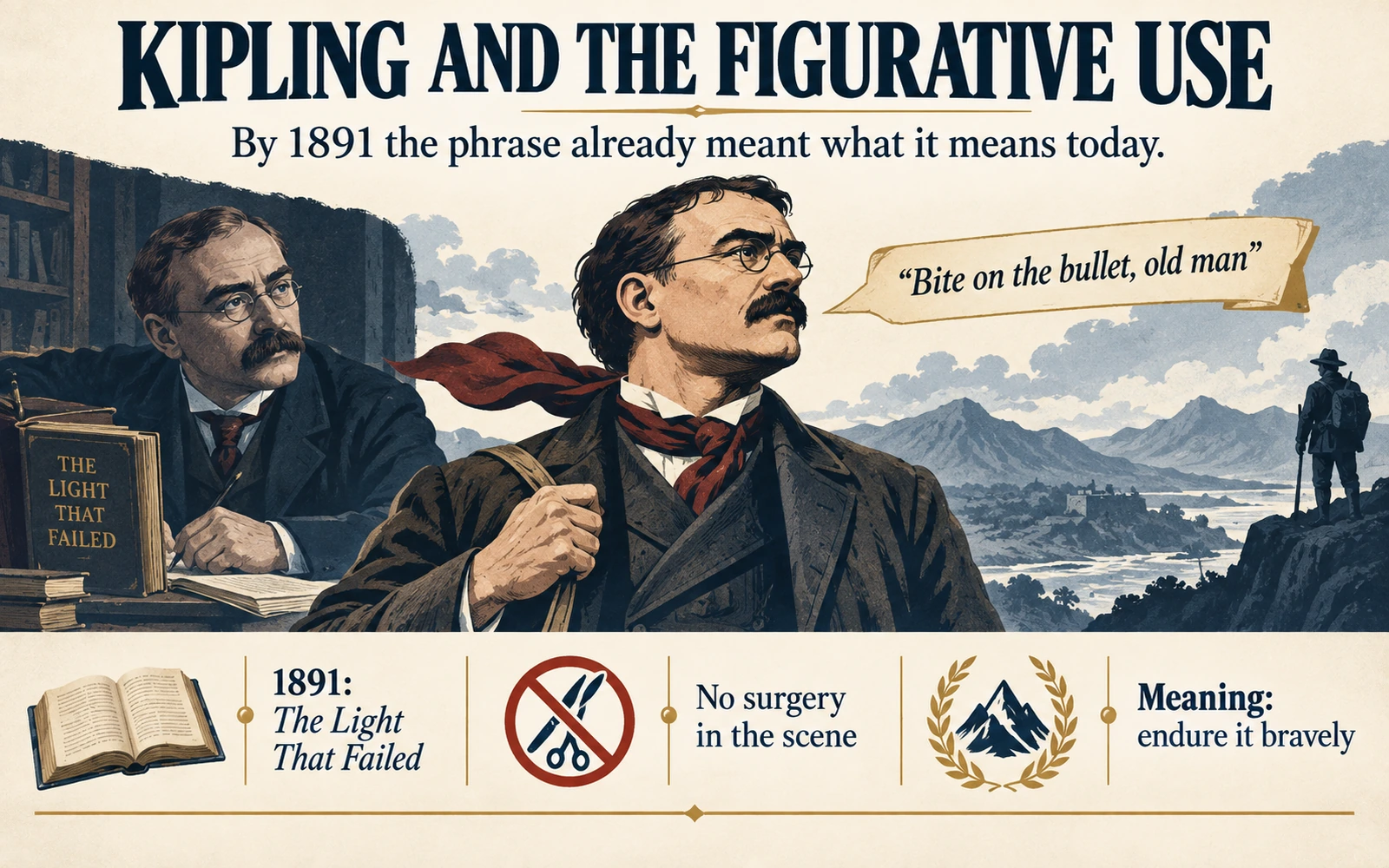 Editorial infographic showing the reported 1891 Kipling use of bite on the bullet and explaining that by then the phrase already carried its modern figurative meaning.