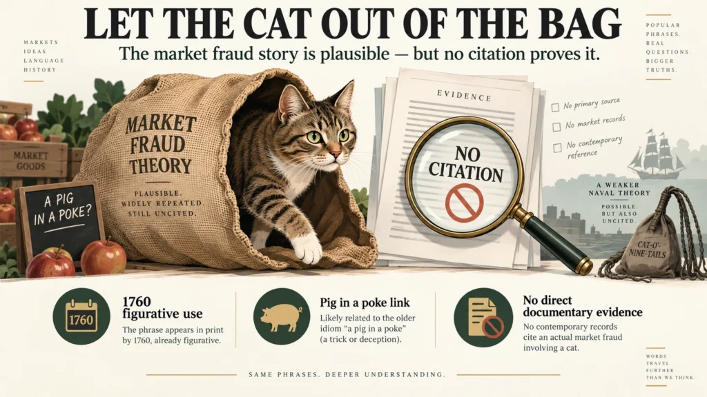 Featured myth-versus-evidence infographic showing the market fraud theory for let the cat out of the bag alongside the key problem: no direct citation proves the story.