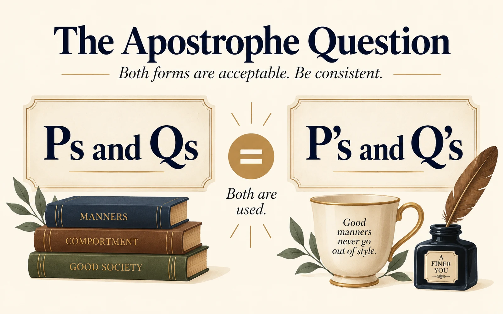 Usage graphic comparing “Ps and Qs” and “P’s and Q’s” and noting that both forms are used and acceptable when applied consistently.