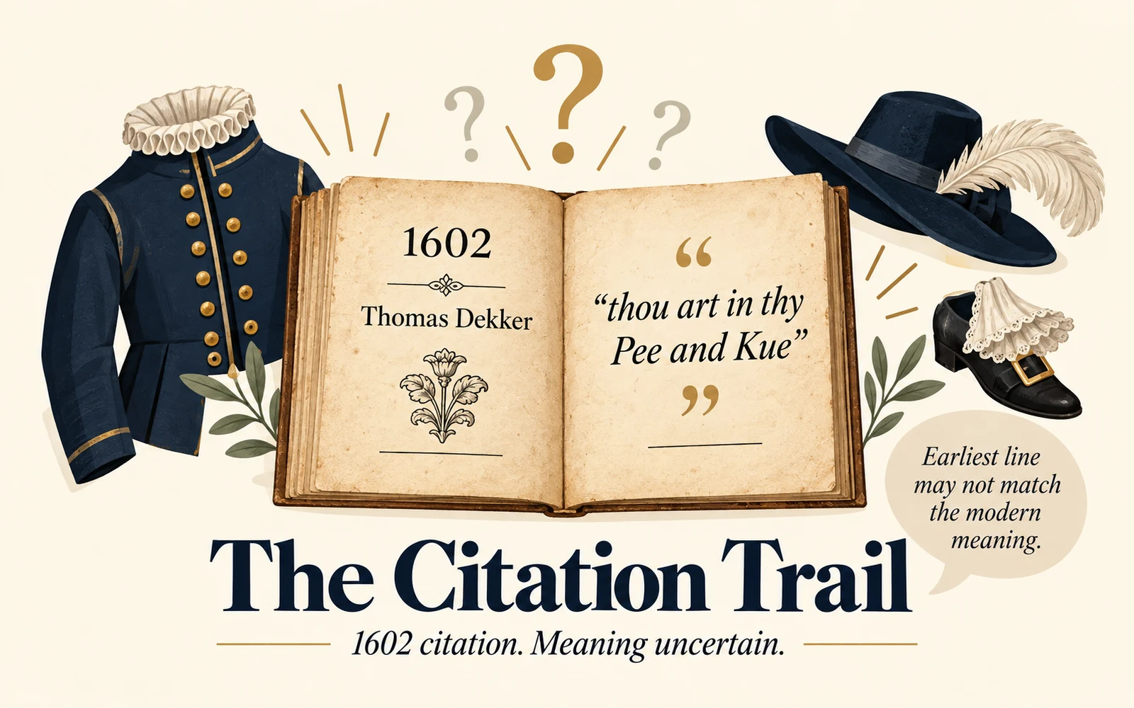 Minimalist historical infographic showing the 1602 Thomas Dekker citation for Mind Your Ps and Qs and emphasizing that the earliest line may not match the modern meaning.