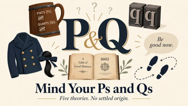 Featured minimalist editorial illustration introducing Mind Your Ps and Qs with several competing origin theories and the unresolved 1602 citation.