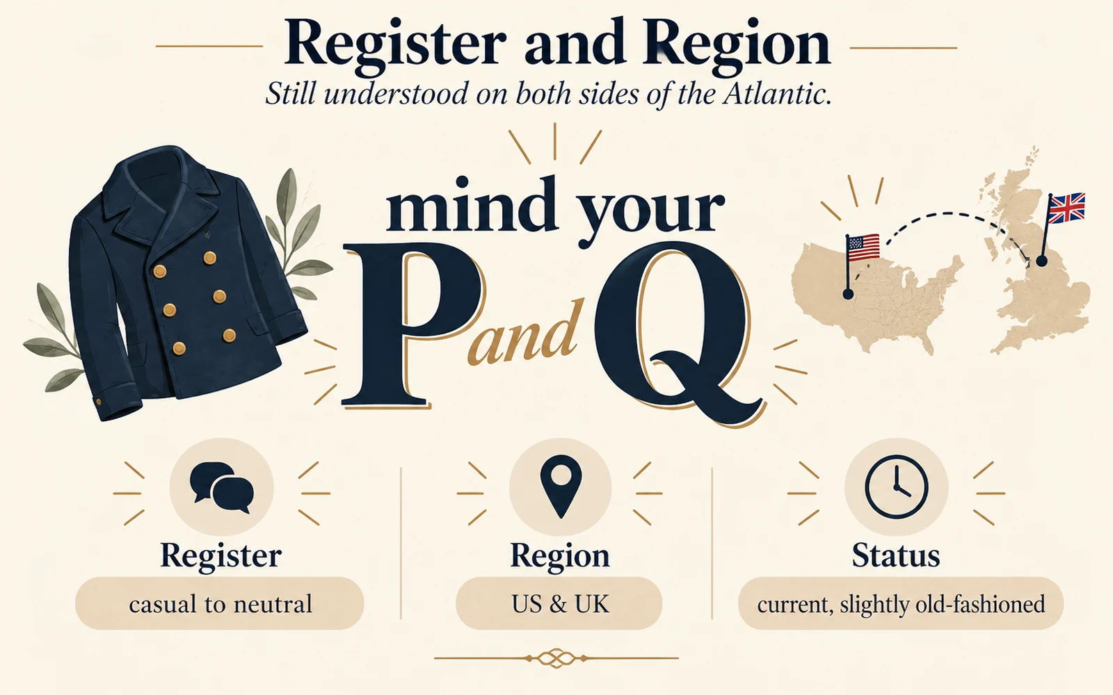Usage chart for Mind Your Ps and Qs showing casual to neutral register, use in both the US and UK, and a current but slightly old-fashioned status.