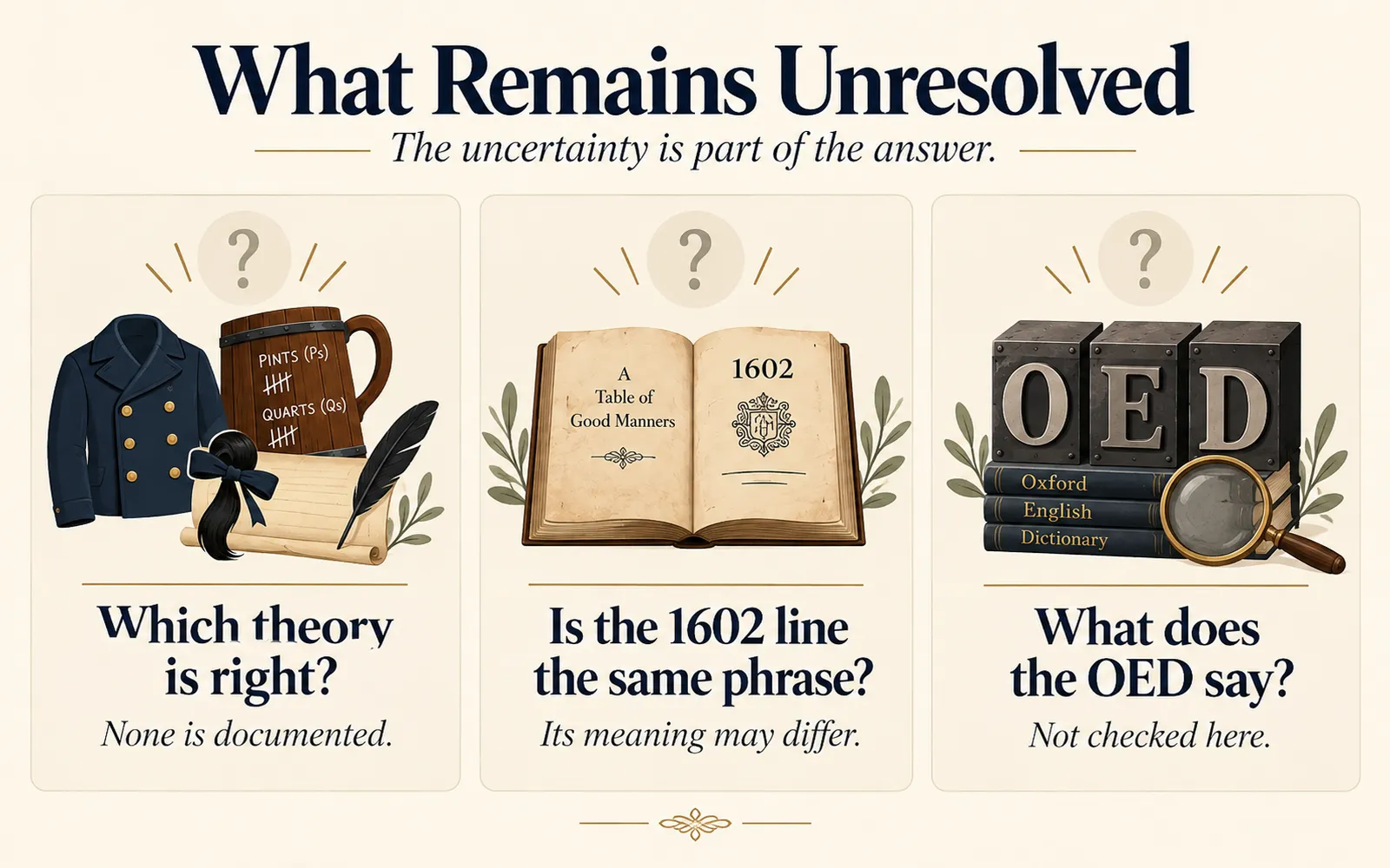 Closing infographic listing what remains unresolved about Mind Your Ps and Qs, including the uncertain origin, the 1602 Dekker line, and the unverified OED claim.