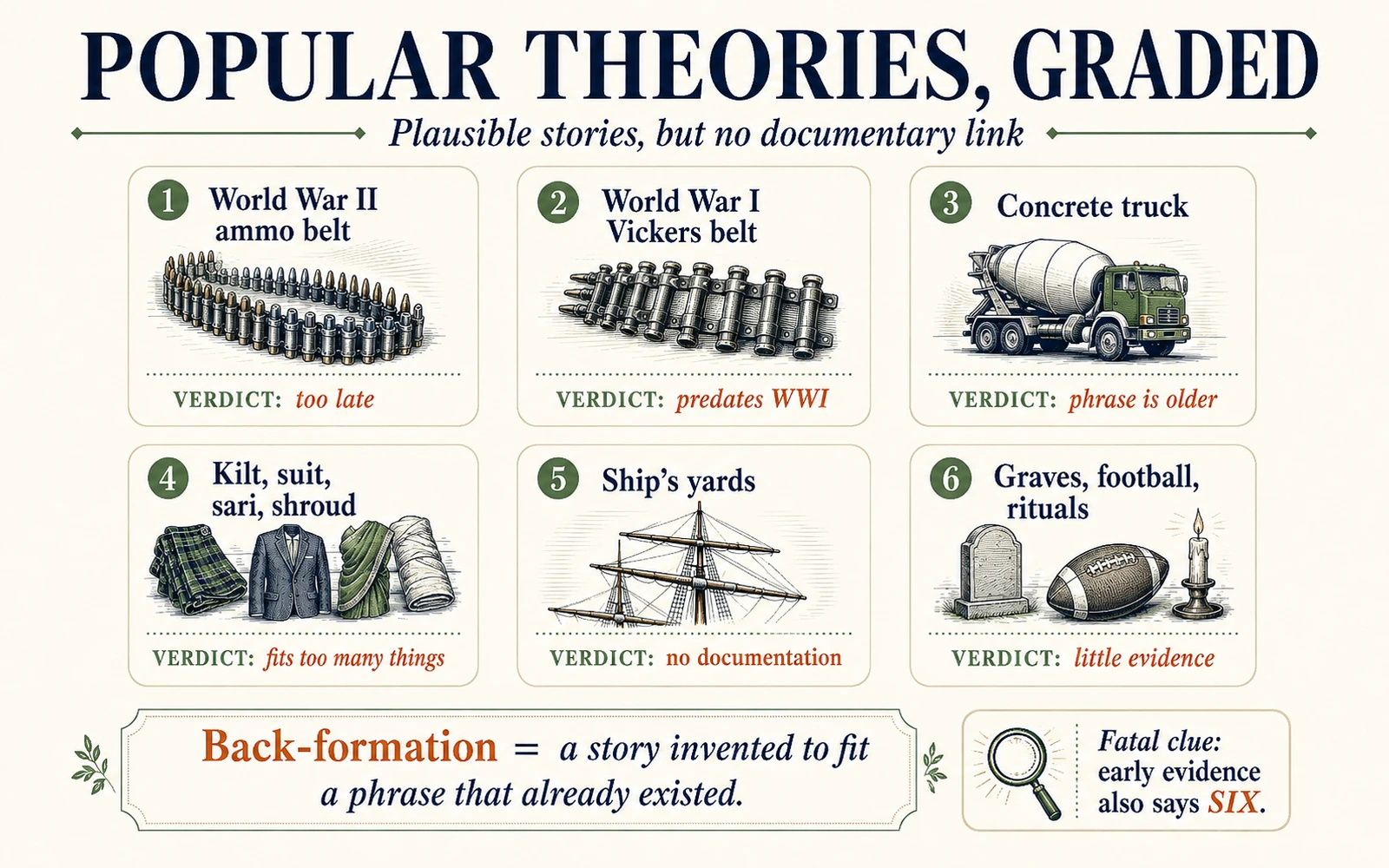Grid infographic grading popular origin theories for the whole nine yards including ammunition belts, concrete trucks, cloth, ships, and other stories.