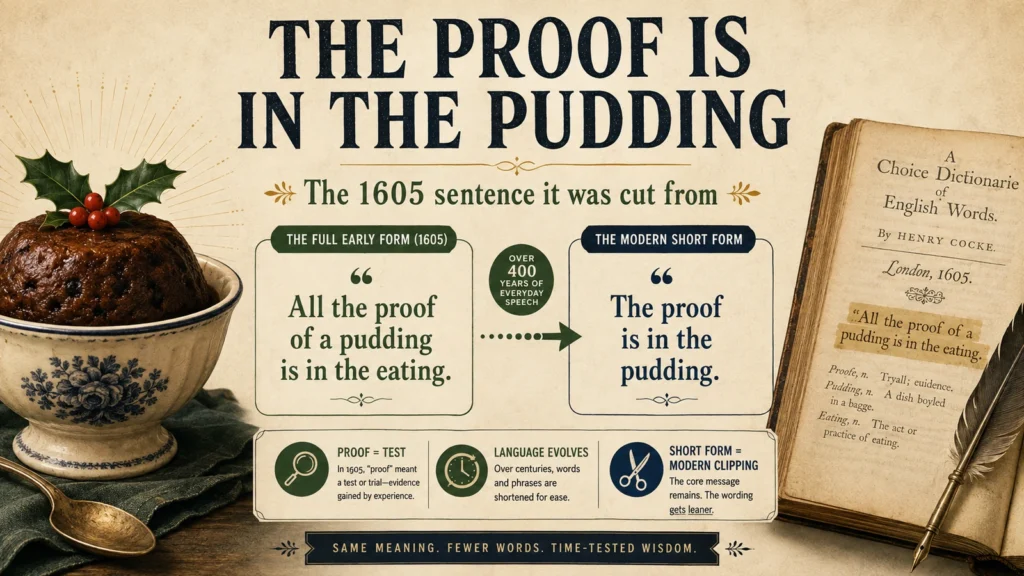 Featured editorial infographic comparing the 1605 form “All the proof of a pudding is in the eating” with the modern shortened phrase “the proof is in the pudding.”