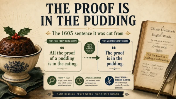 Featured editorial infographic comparing the 1605 form “All the proof of a pudding is in the eating” with the modern shortened phrase “the proof is in the pudding.”