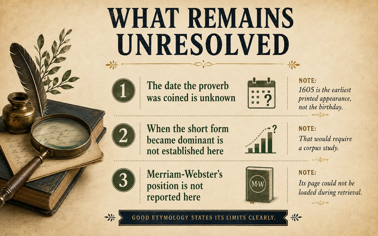 Scholarly infographic listing unresolved questions about when the proverb was coined, when the short form became dominant, and the unreported Merriam-Webster position.