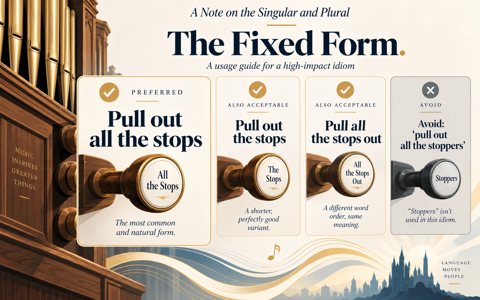 Usage infographic comparing pull out all the stops, pull out the stops, pull all the stops out, and the incorrect form pull out all the stoppers.