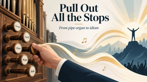 Featured editorial illustration showing a hand pulling pipe-organ stops, connecting the literal organ mechanism to the modern idiom pull out all the stops.