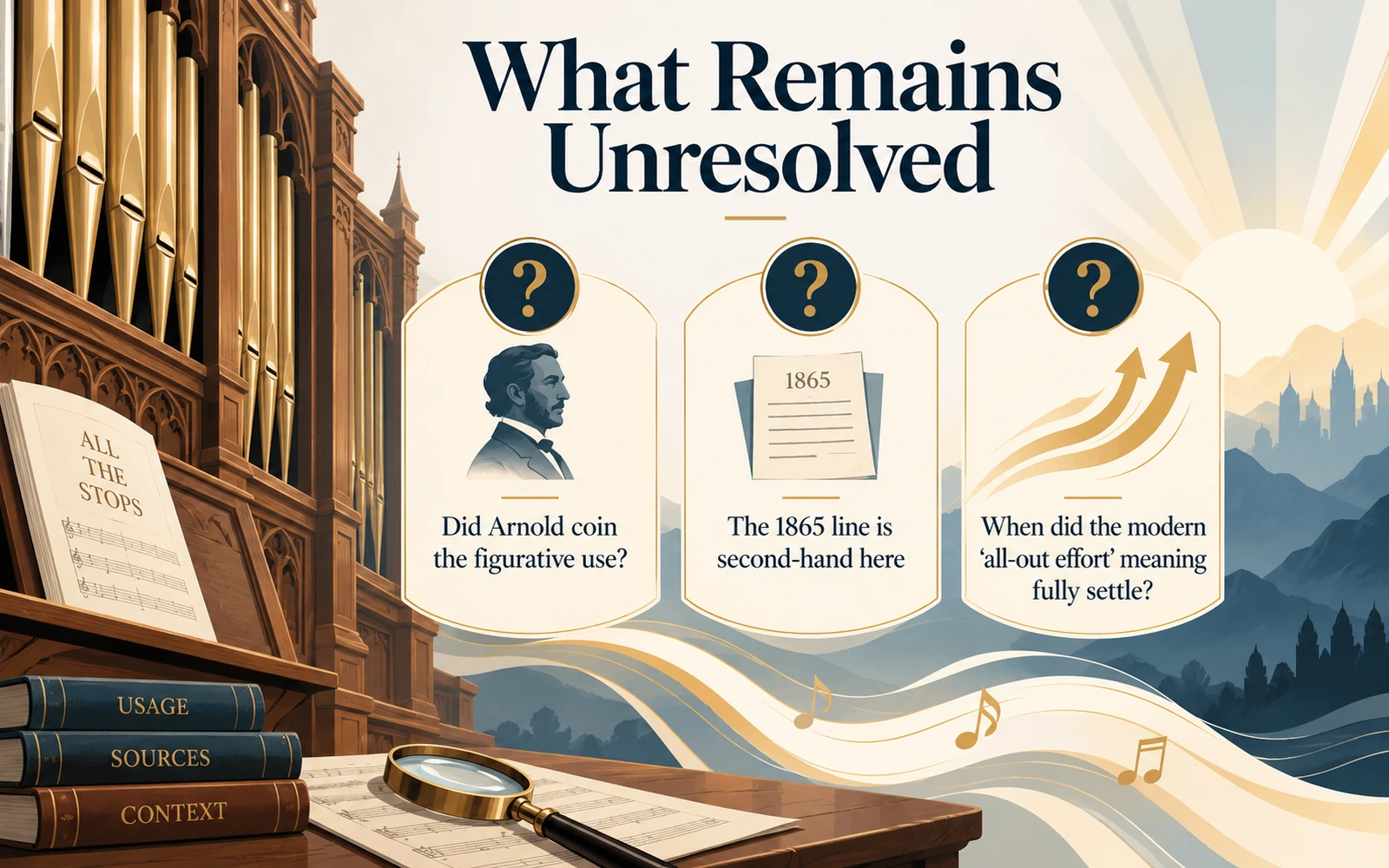 Closing infographic listing unresolved questions about whether Arnold coined the phrase, the second-hand 1865 citation, and when the modern all-out meaning became fixed.