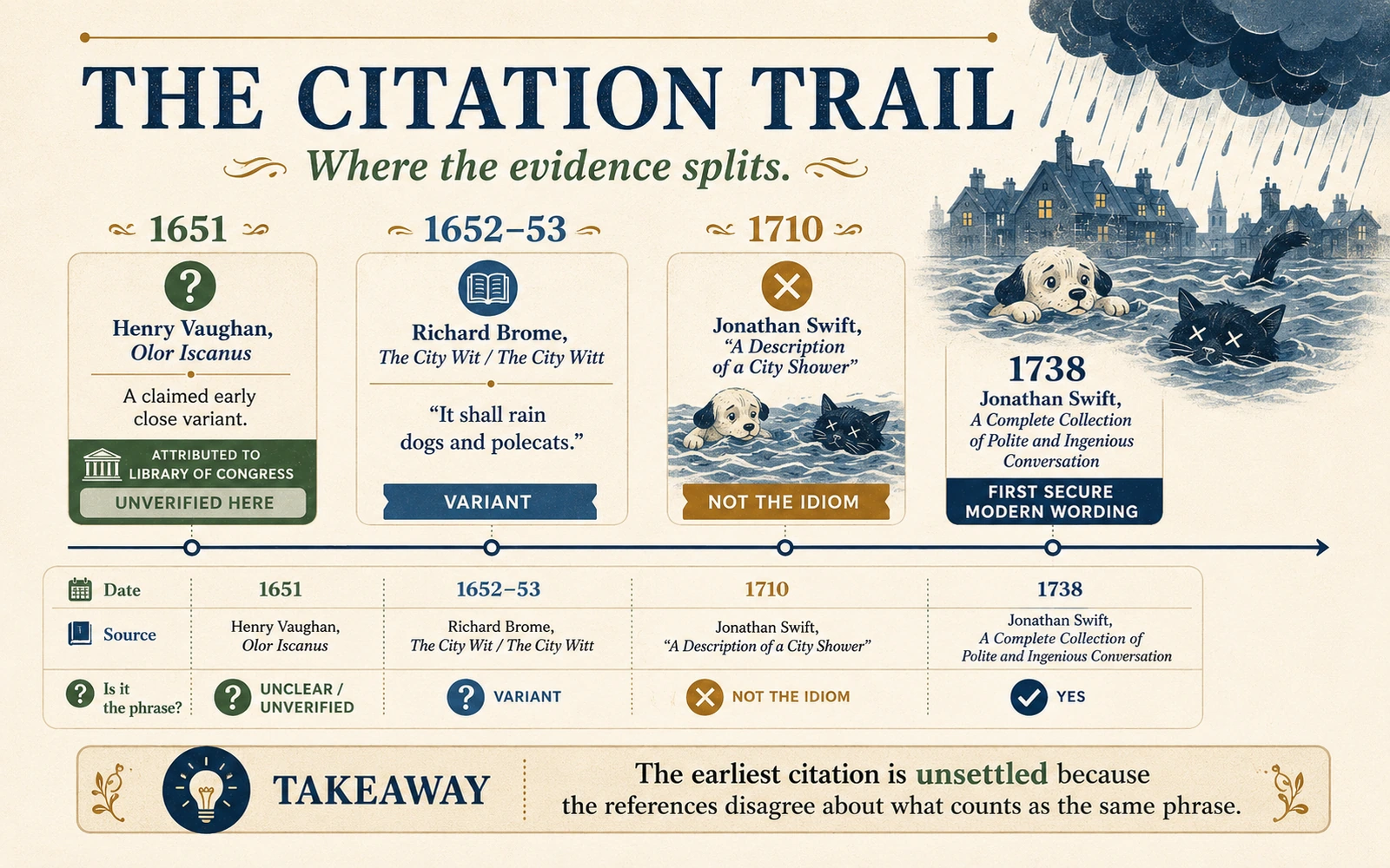 Timeline infographic comparing the 1651 Vaughan claim, the 1652 or 1653 Richard Brome variant, Swift’s 1710 city shower poem, and the secure modern wording from 1738.