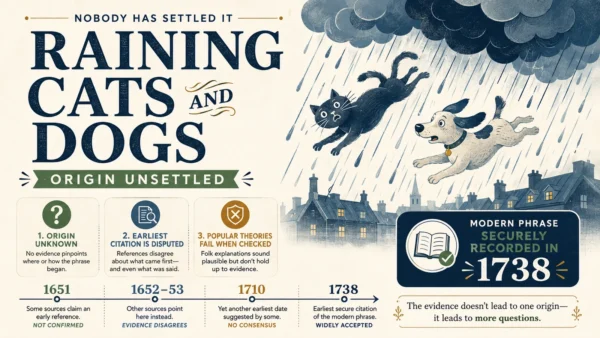 Featured editorial infographic showing cats and dogs falling through heavy rain, a disputed citation timeline, and the conclusion that the phrase origin remains unsettled.