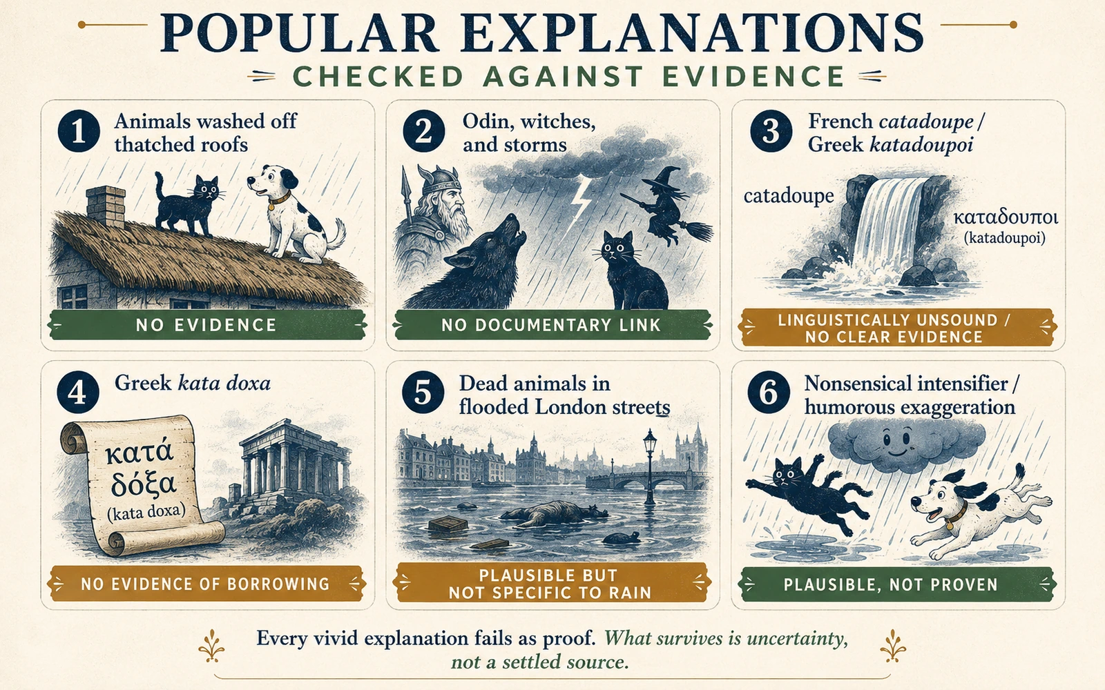 Six-panel infographic checking thatched roofs, Odin and witches, catadoupe, kata doxa, flooded London streets, and humorous exaggeration as proposed origins of raining cats and dogs.