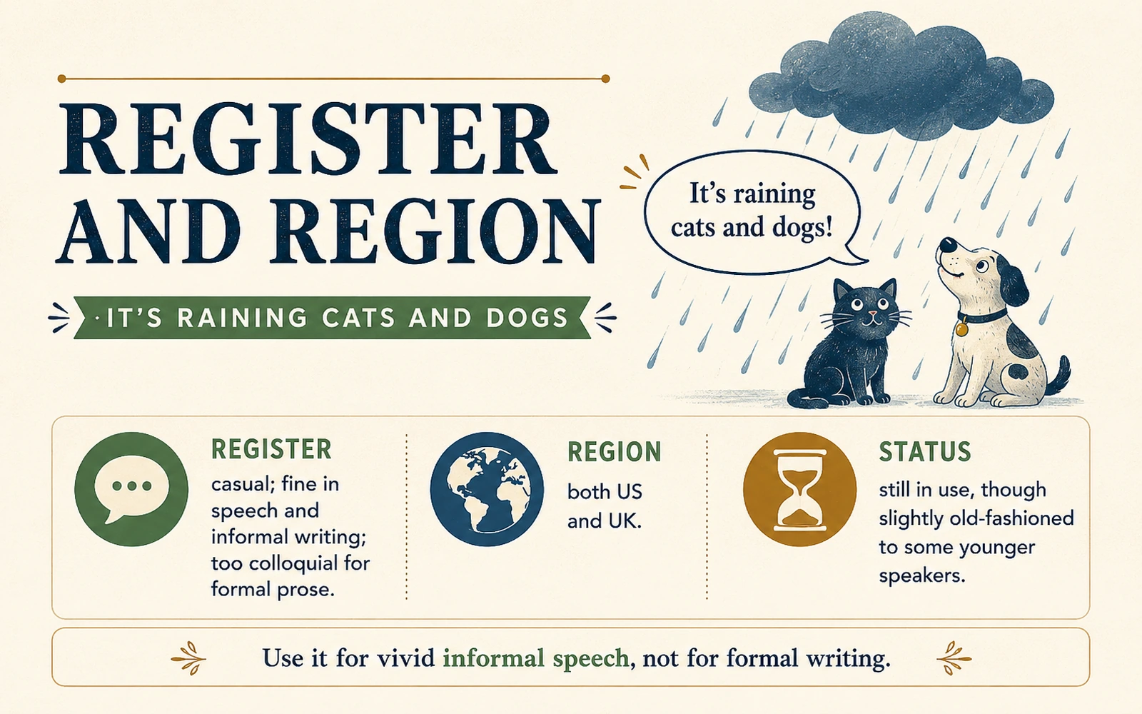 Usage infographic showing raining cats and dogs as casual, understood in both US and UK English, and still current though slightly old-fashioned to some younger speakers.