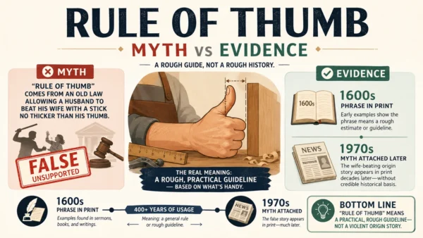 Featured myth versus evidence infographic showing the false wife-beating origin story beside the documented seventeenth-century use of rule of thumb as a rough practical guideline.