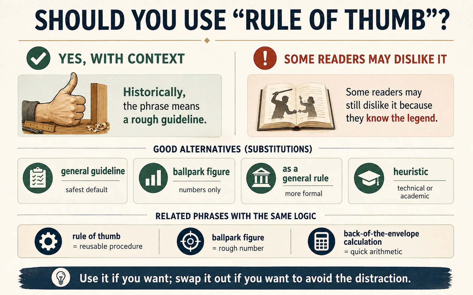 Usage infographic explaining that rule of thumb is historically a neutral rough-guideline phrase while offering alternatives such as general guideline, ballpark figure, as a general rule, and heuristic.
