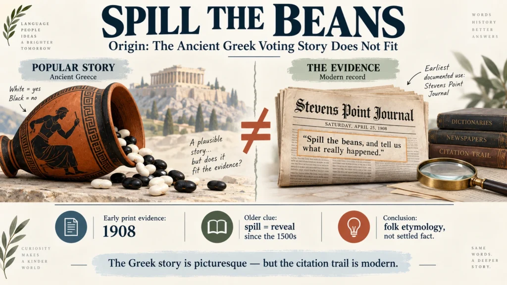 Featured myth-versus-evidence infographic contrasting the ancient Greek bean-voting story with the modern 1908 citation trail for spill the beans.
