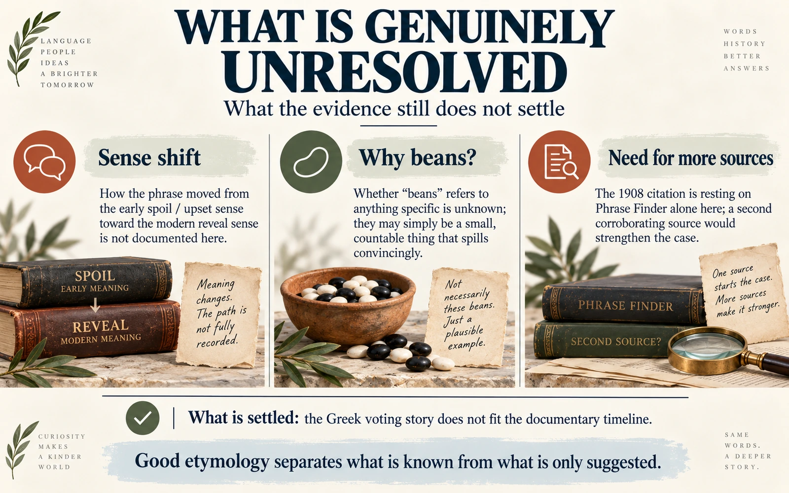 Closing infographic listing three unresolved points: the sense shift is not fully documented, why beans is unknown, and a second source would strengthen the 1908 citation.