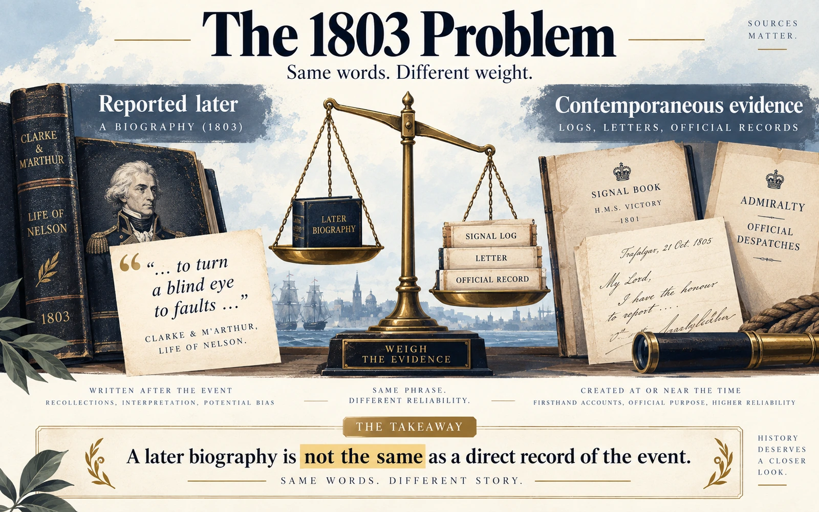 Evidence-weight infographic comparing an 1803 biography reporting Nelson's words with stronger contemporaneous evidence such as logs, letters, and official records.