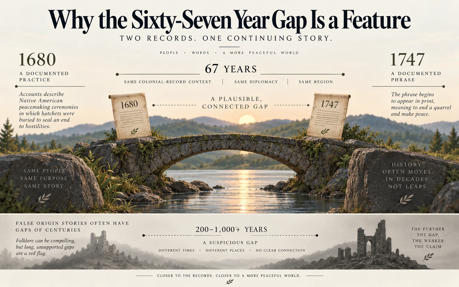Timeline-style illustration showing the sixty-seven-year bridge between the recorded peace practice in 1680 and the phrase in print in 1747.