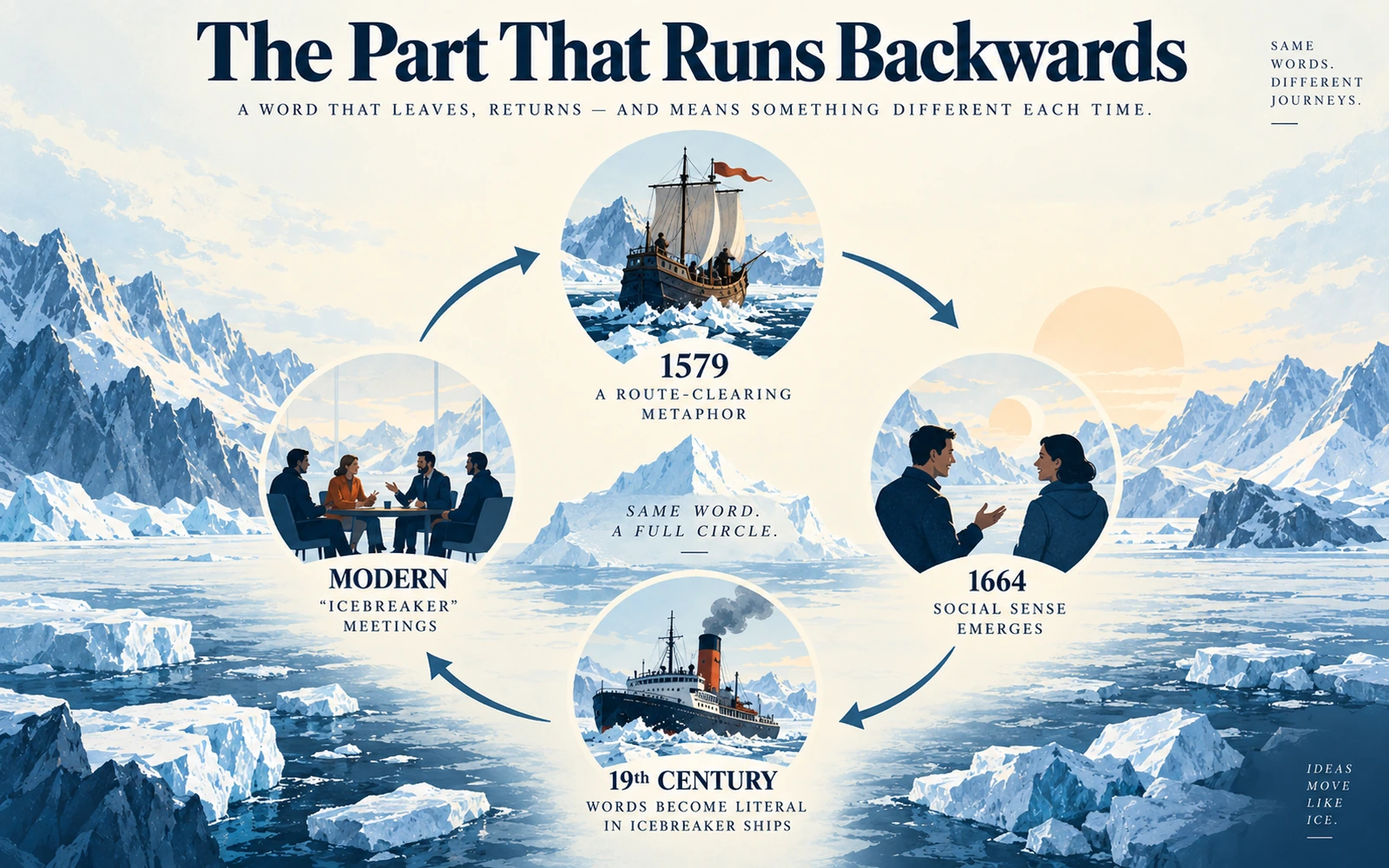 Editorial infographic explaining the unusual path of break the ice from early metaphor to literal icebreaking ships and back to social icebreakers.