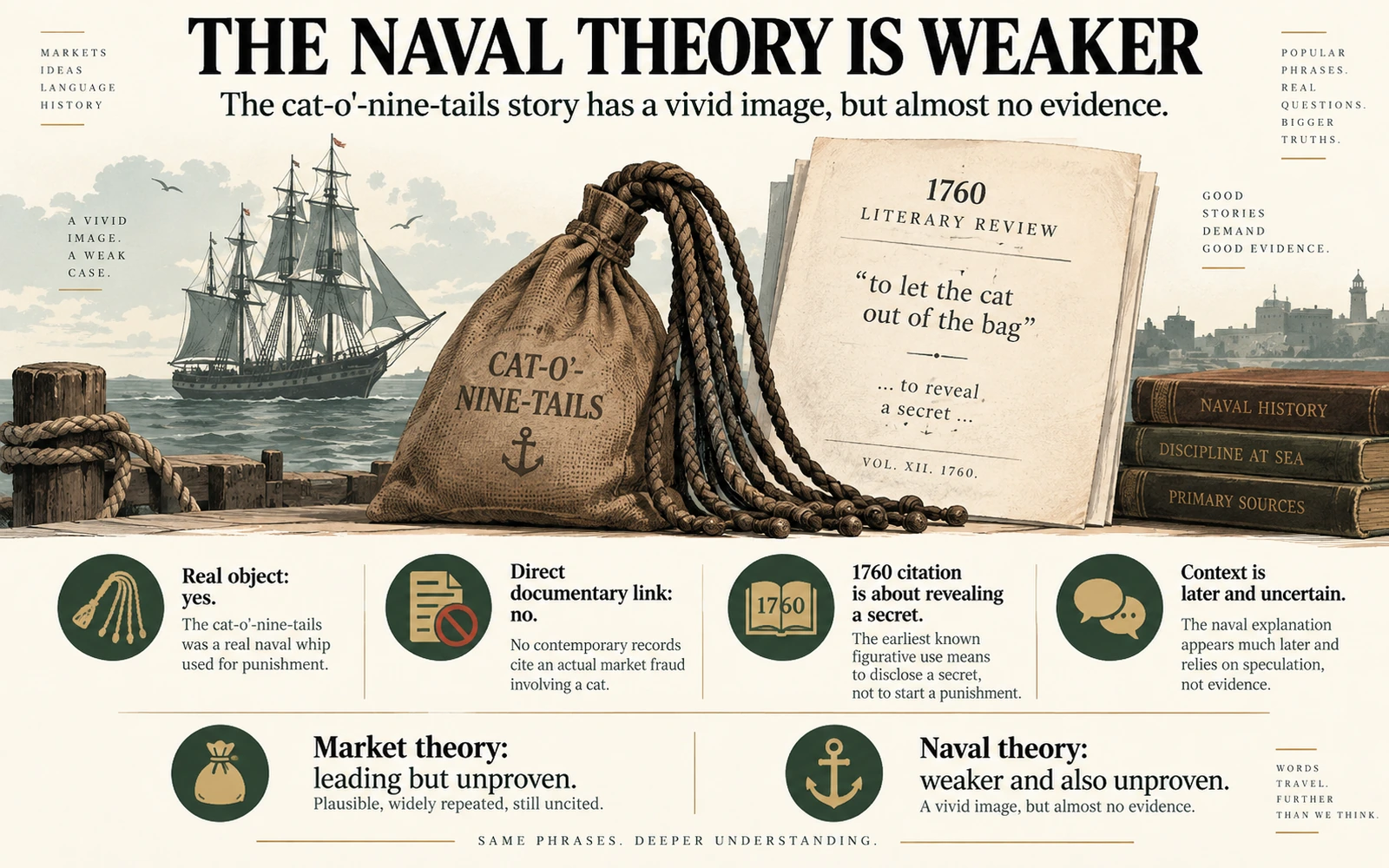 Infographic evaluating the cat-o-nine-tails naval theory and showing that the real naval whip provides a vivid image but almost no documentary evidence for the idiom.