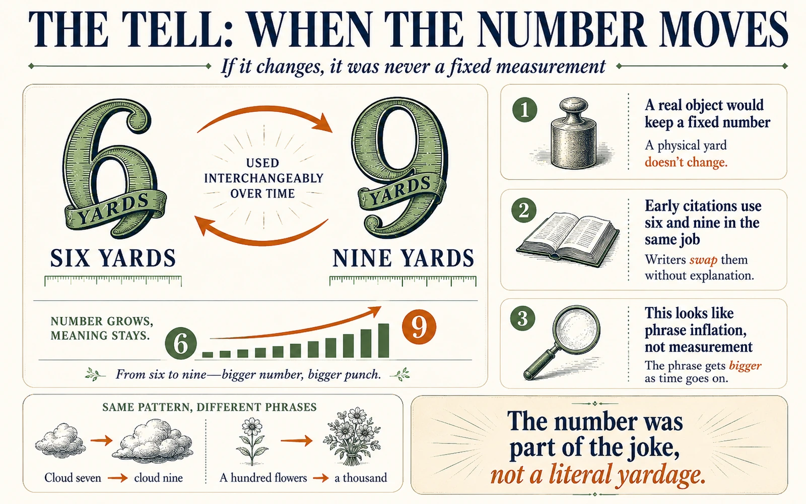Infographic comparing six yards and nine yards to show that the number was part of the joke and not a literal measurement.