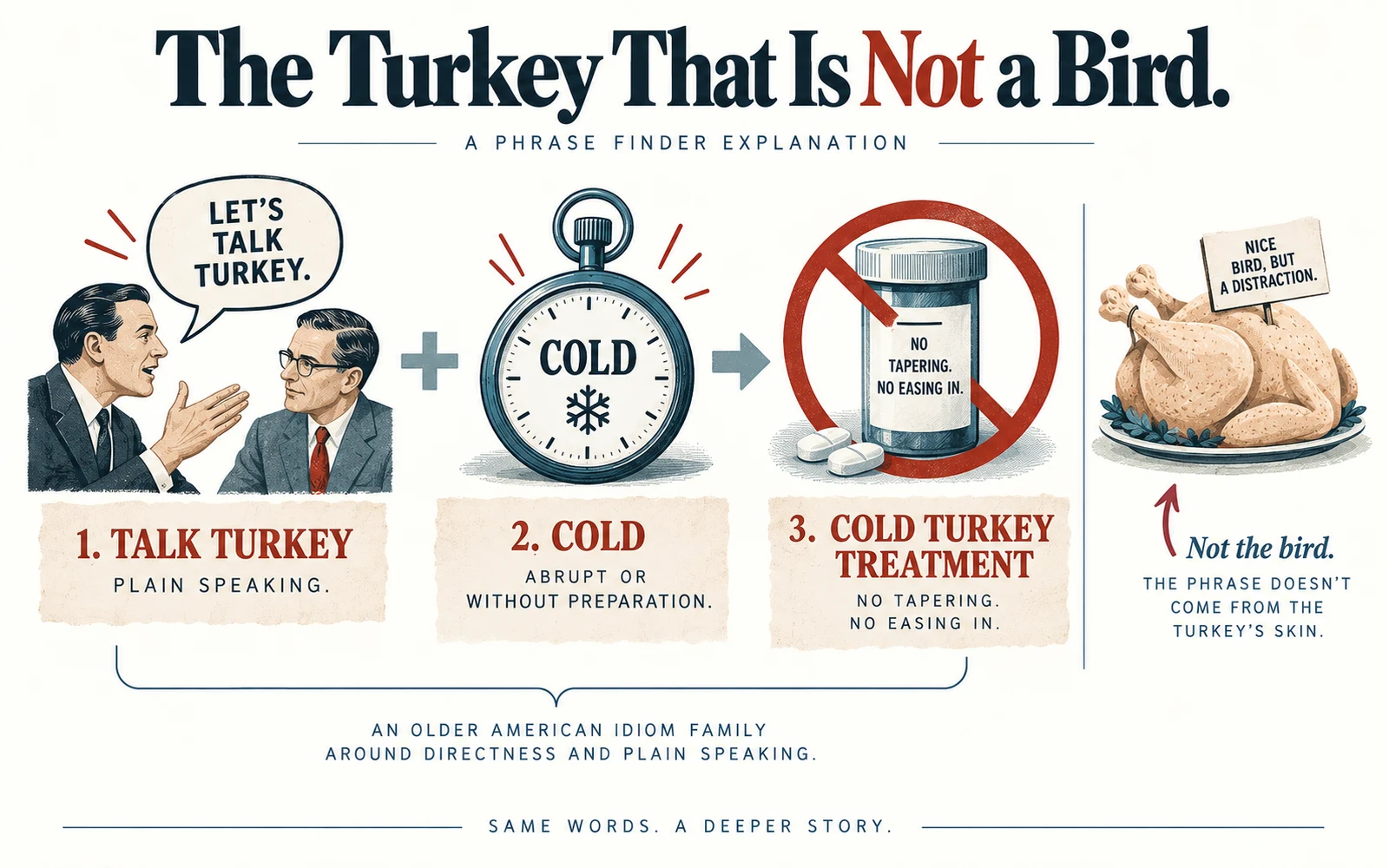 Editorial illustration connecting talk turkey, the sense of cold as without preparation, and cold turkey treatment as direct abrupt action.