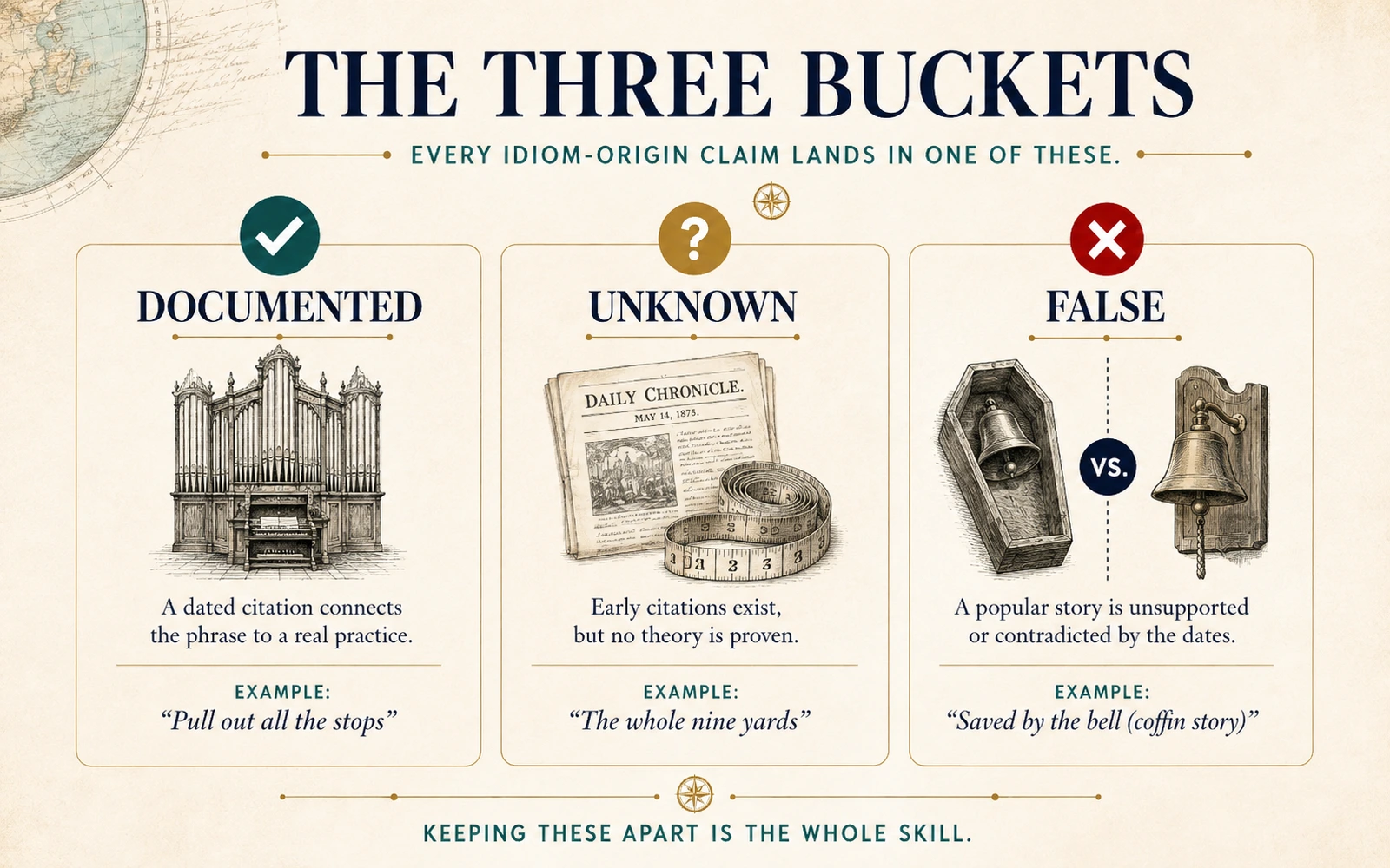 Three-column infographic classifying idiom-origin claims as documented, unknown, or false with examples for each.