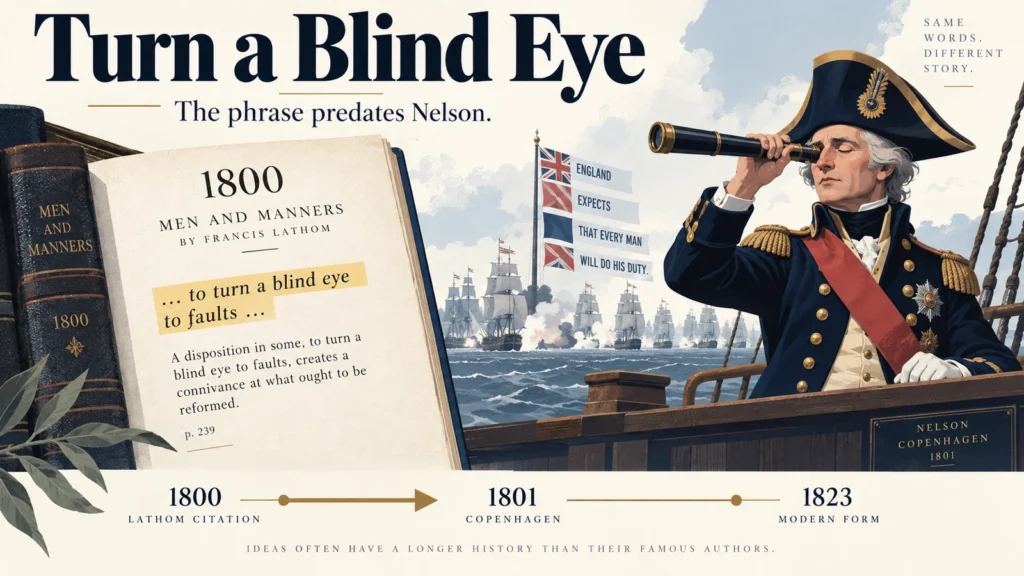 Featured editorial illustration contrasting Francis Lathom's 1800 printed use of turn a blind eye with Nelson at Copenhagen in 1801.