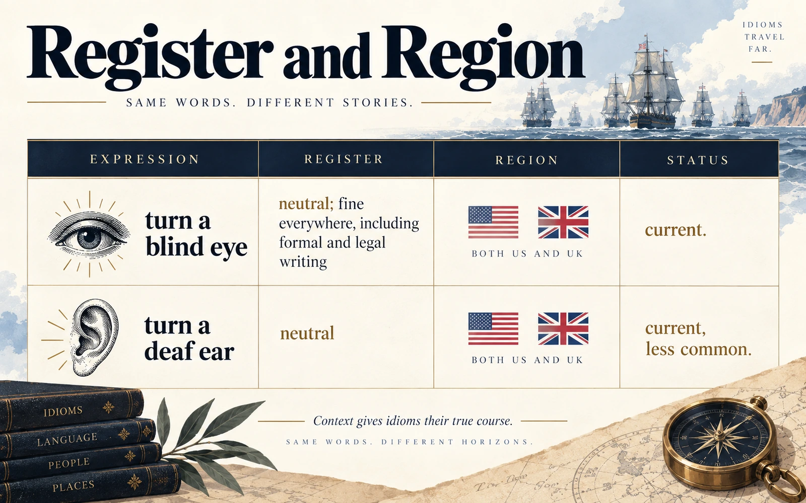 Usage chart comparing turn a blind eye and turn a deaf ear by register, region, and current status.