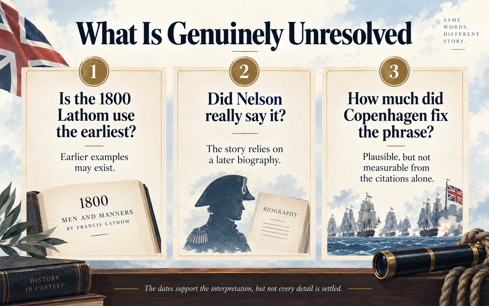 Closing infographic listing the unresolved questions about the earliest 1800 citation, what Nelson really said, and how much Copenhagen helped fix the phrase.