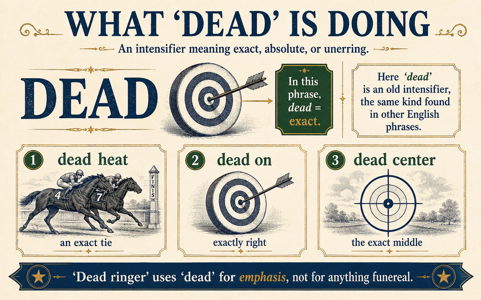 Vintage-style infographic explaining dead as an intensifier meaning exact or absolute, with examples including dead heat, dead on and dead center.