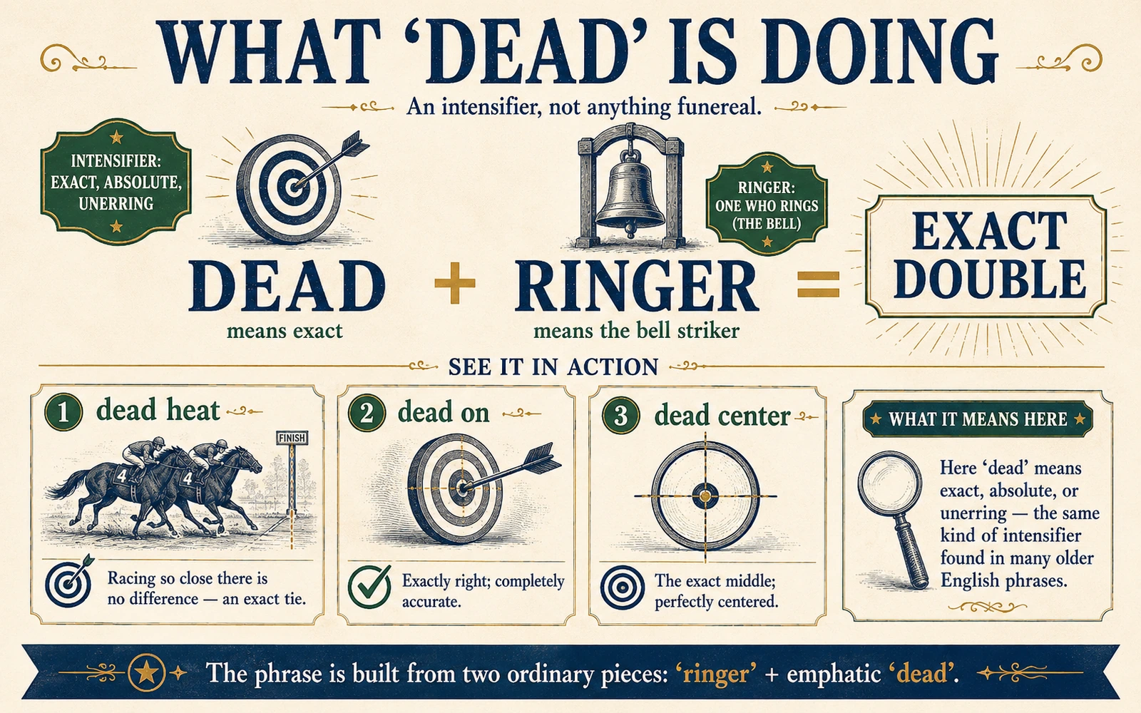 Illustrated definition graphic showing two near-identical portraits and explaining that a dead ringer is an exact duplicate, usually in appearance.