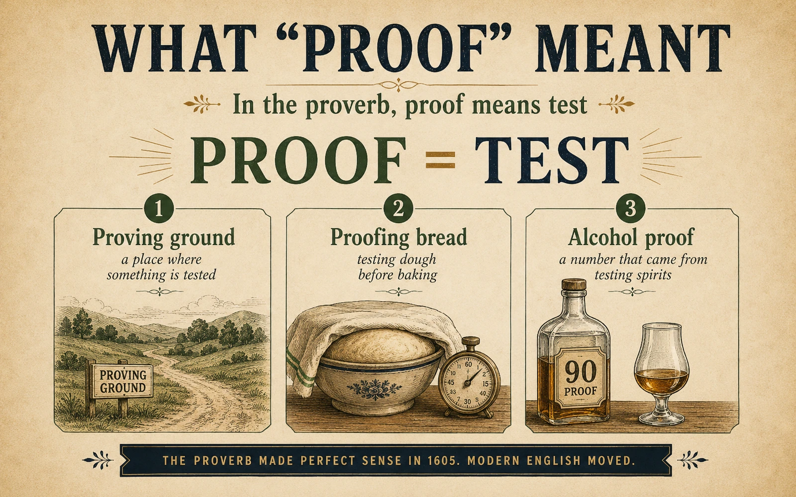 Infographic explaining the older meaning of proof as test, with examples including proving ground, proofing bread, and alcohol proof.