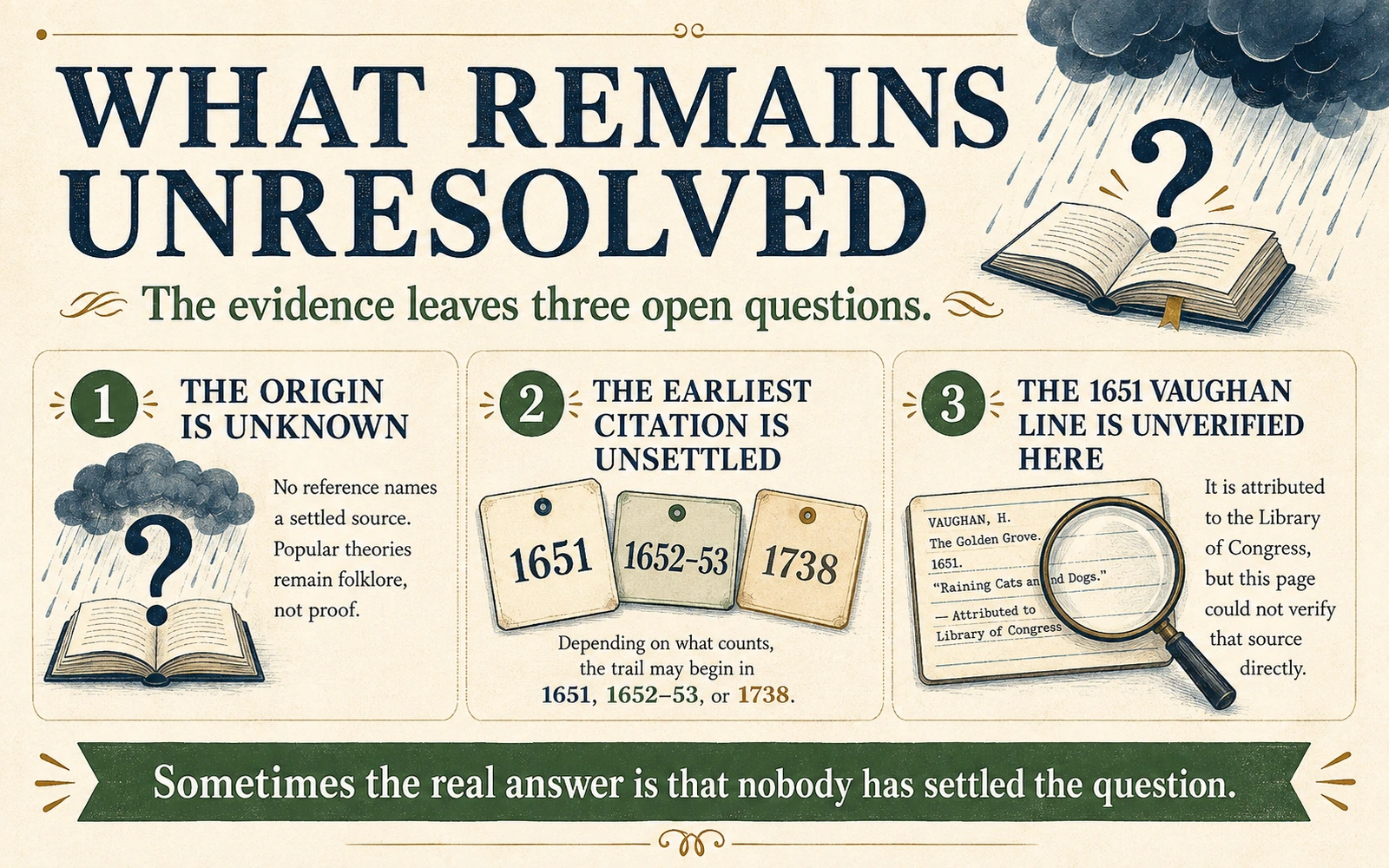 Three-part summary infographic stating that the origin is unknown, the earliest citation is unsettled, and the 1651 Vaughan line remains unverified by the article.