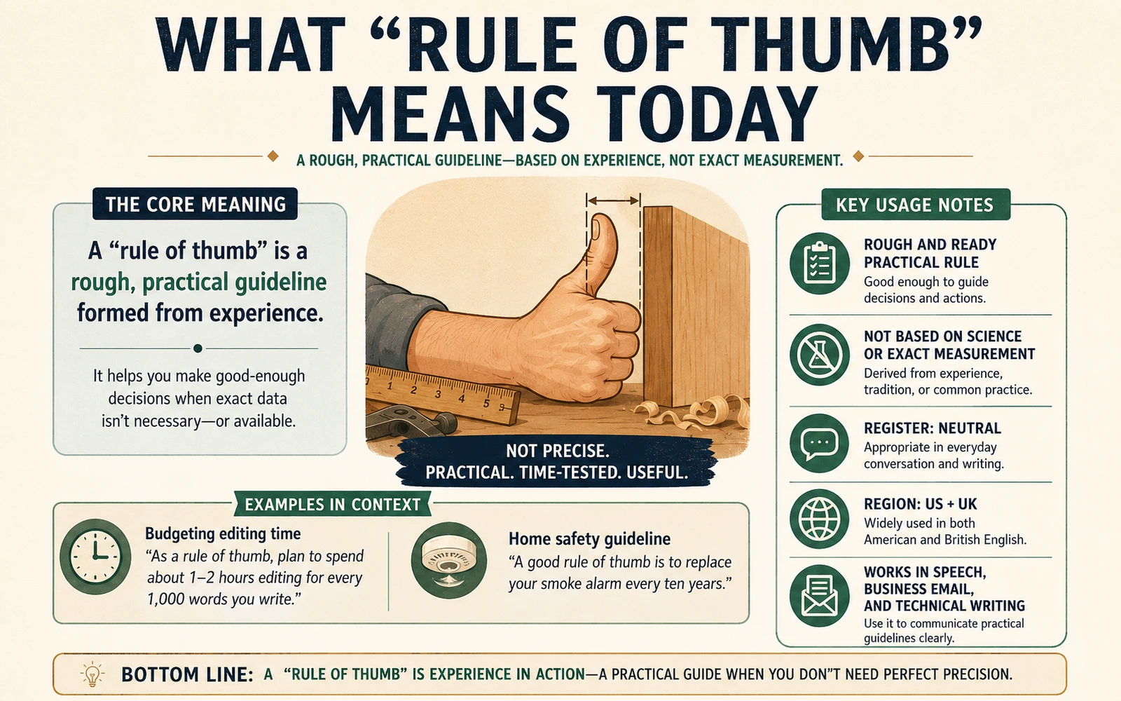 Infographic explaining rule of thumb as a rough practical guideline based on experience rather than exact measurement, with examples and usage notes.