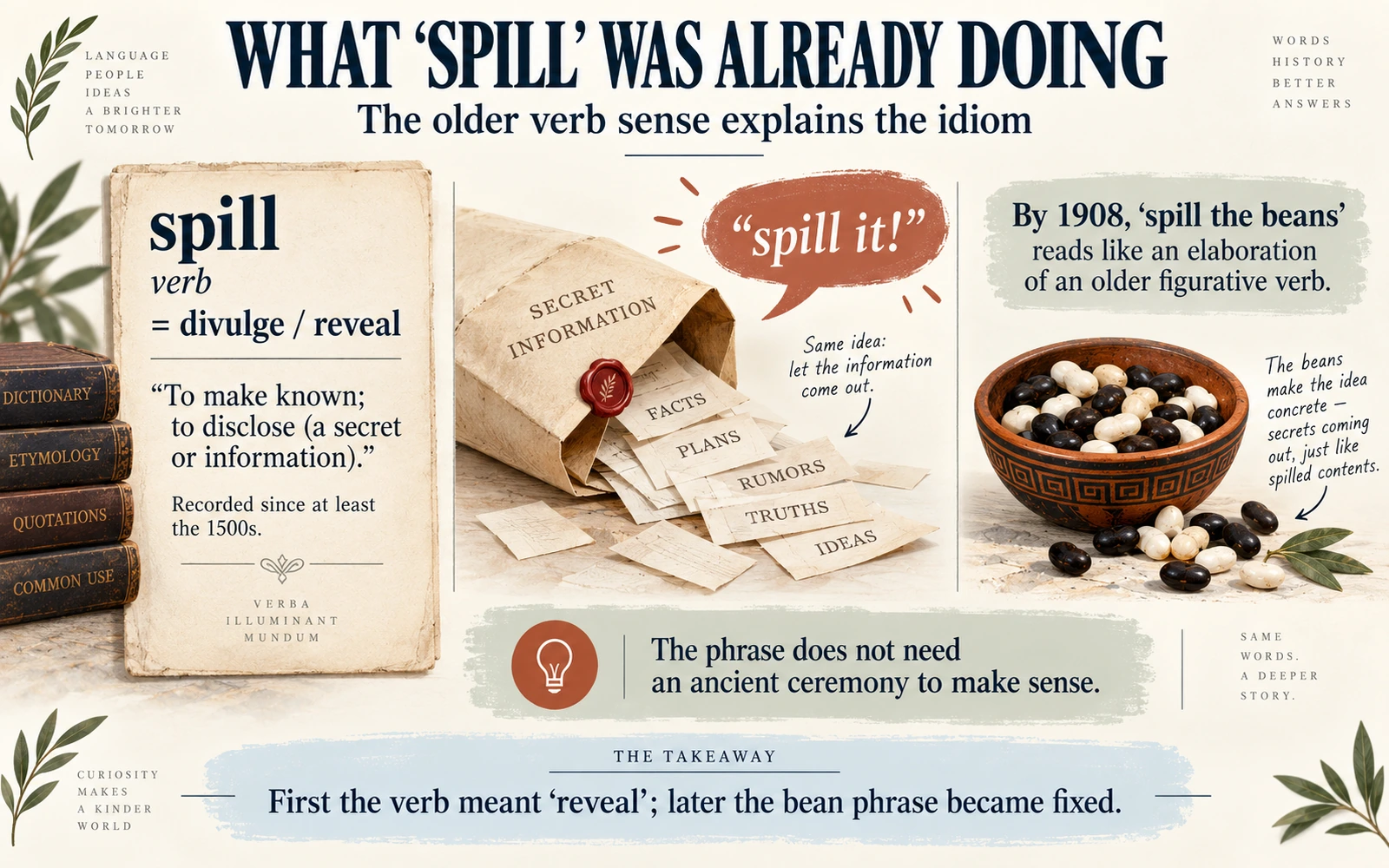 Etymology infographic explaining that spill already meant divulge or reveal information centuries before spill the beans became fixed.