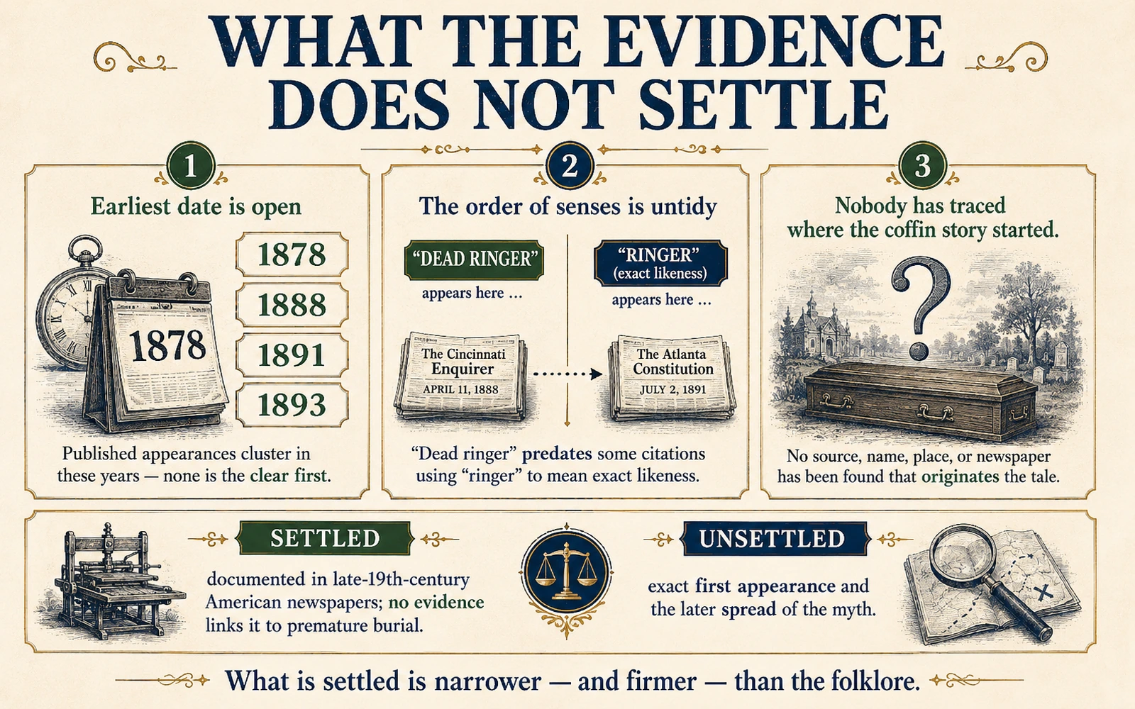 Infographic separating settled and unsettled questions about dead ringer, including its earliest date, the order of word senses and the unknown start of the coffin myth.