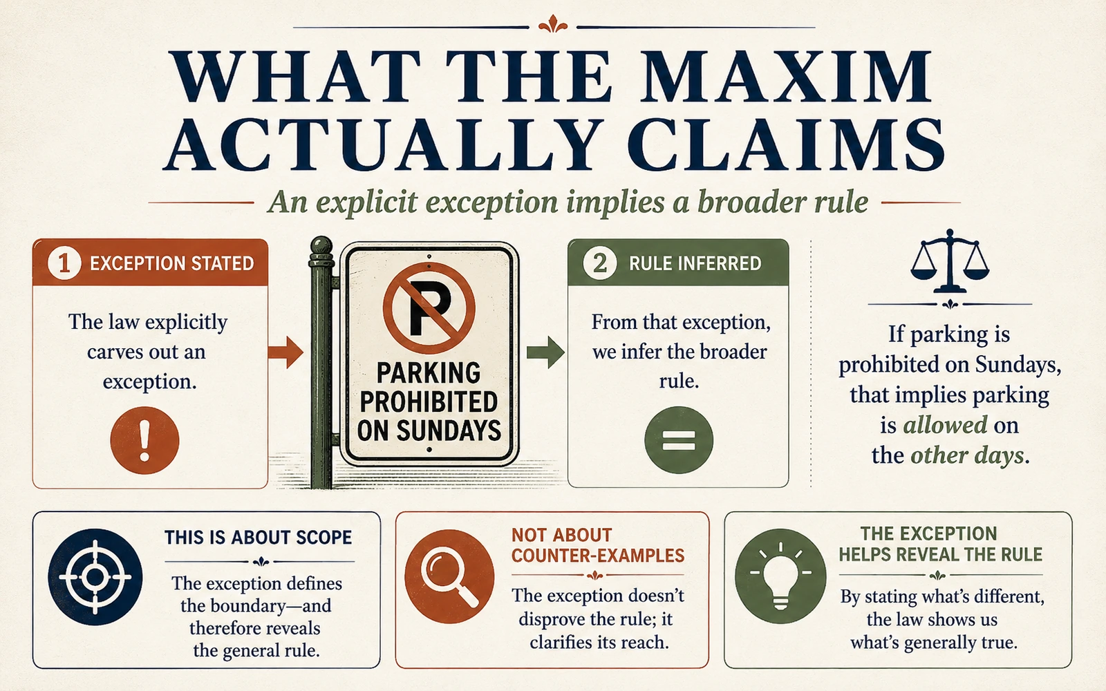 Infographic using a parking prohibited on Sundays sign to explain that an explicit exception implies a broader rule for the cases not excepted.