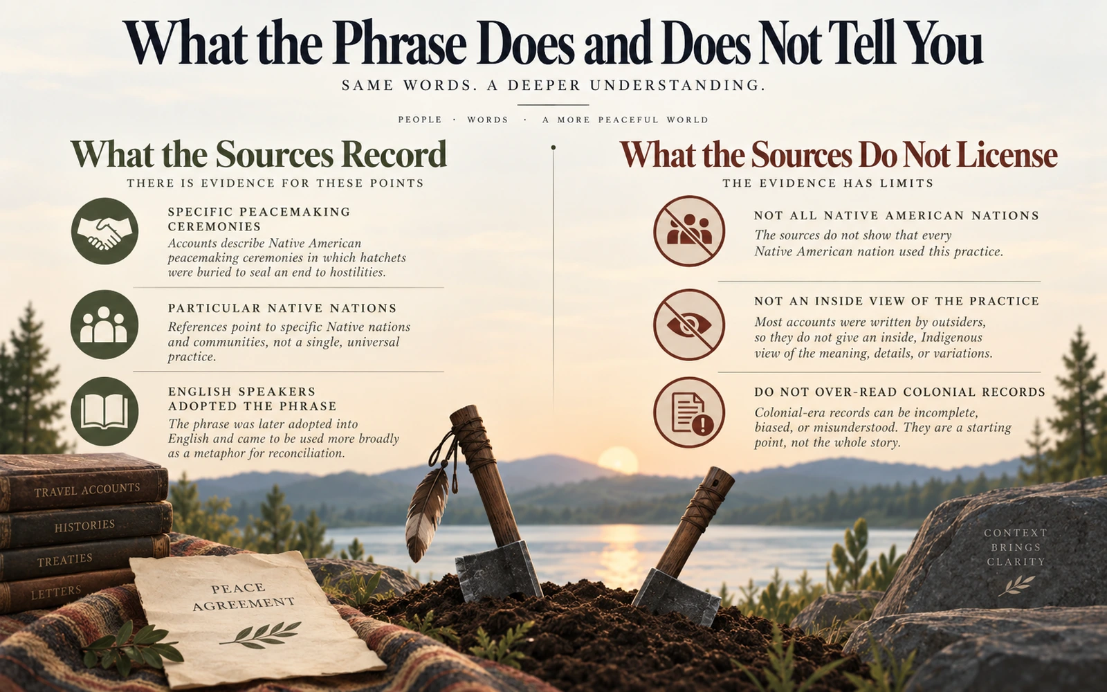 Editorial infographic separating what colonial records do show about bury the hatchet from what they cannot safely generalize.