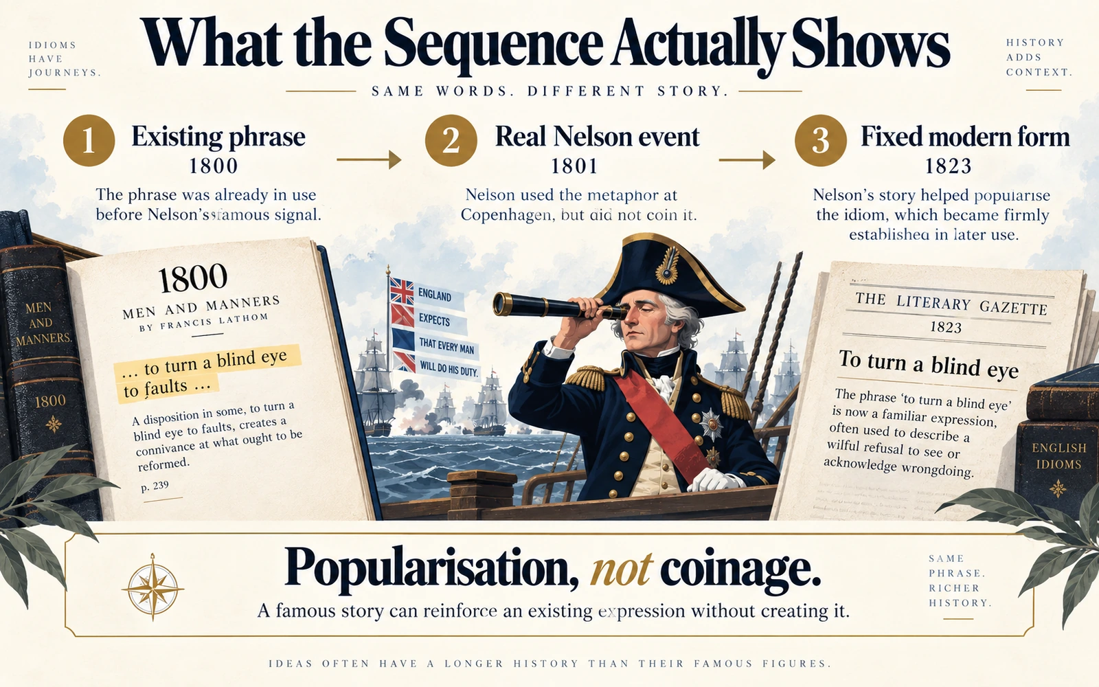 Editorial timeline showing an existing phrase in 1800, the real Nelson event in 1801, and the fixed modern form in 1823, emphasizing popularisation rather than coinage.