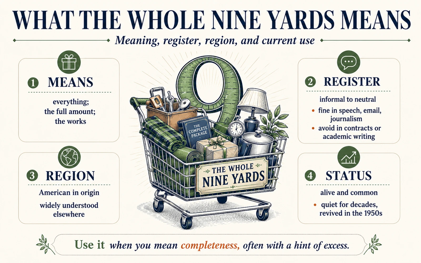 Infographic explaining the meaning, register, region, and status of the phrase the whole nine yards.