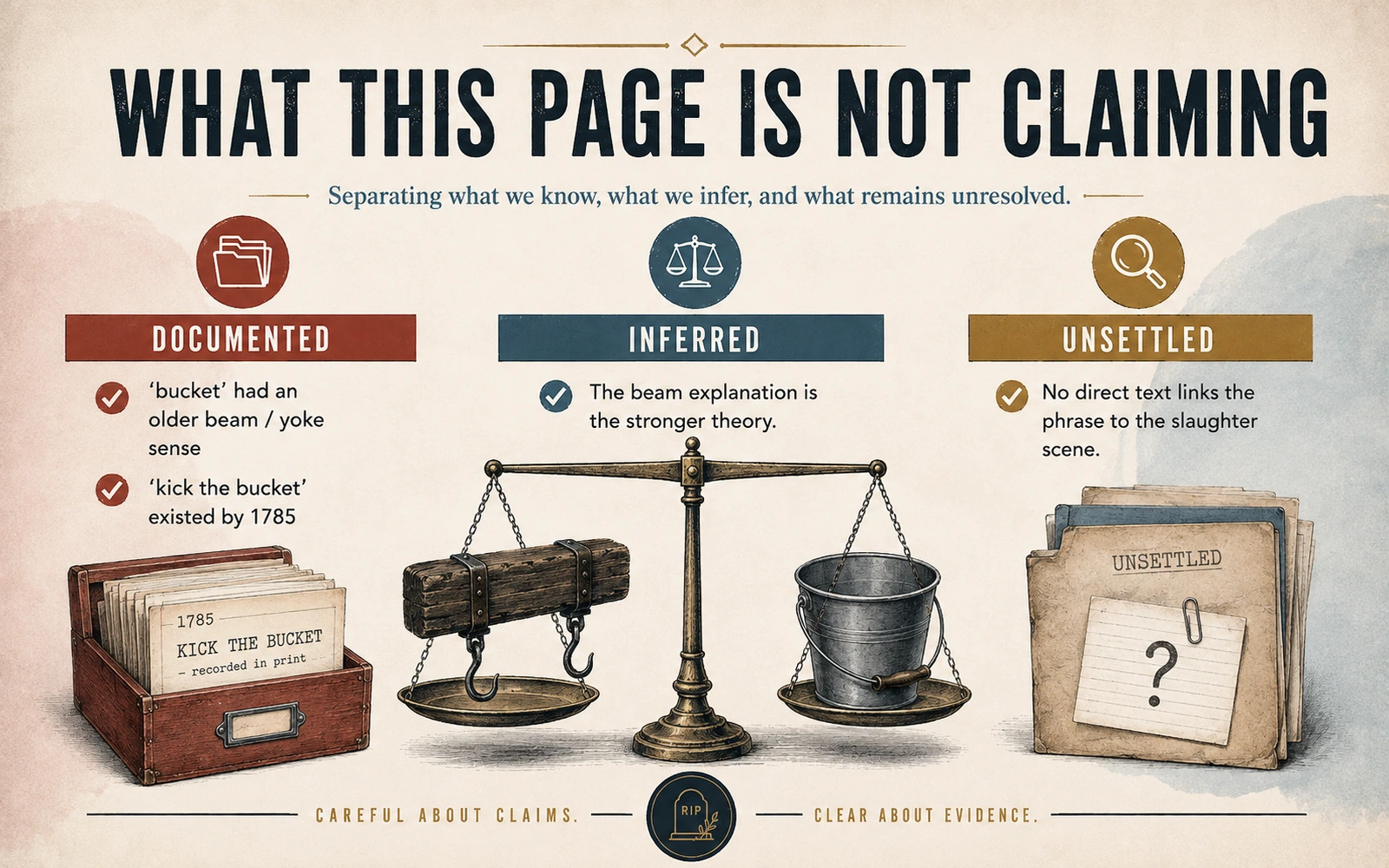 Evidence graphic separating documented facts, the inferred beam explanation, and the unresolved missing link in the origin of kick the bucket.