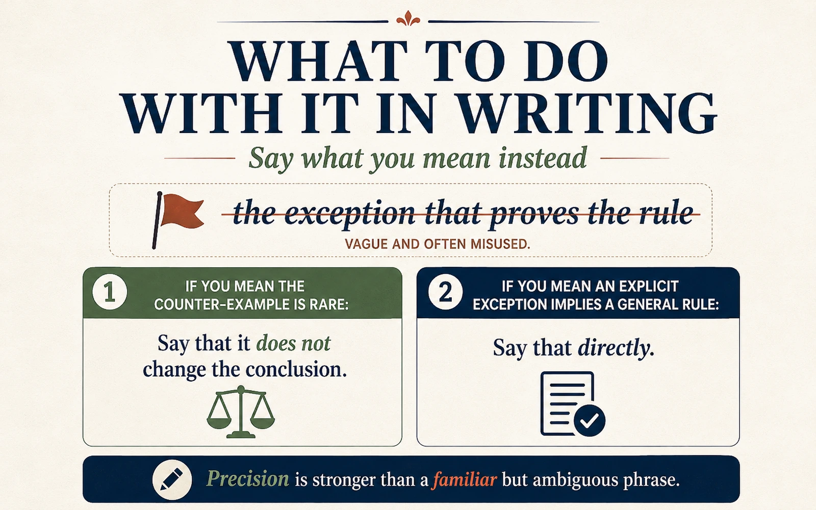 Writing advice infographic recommending clear direct language instead of the ambiguous phrase the exception that proves the rule.
