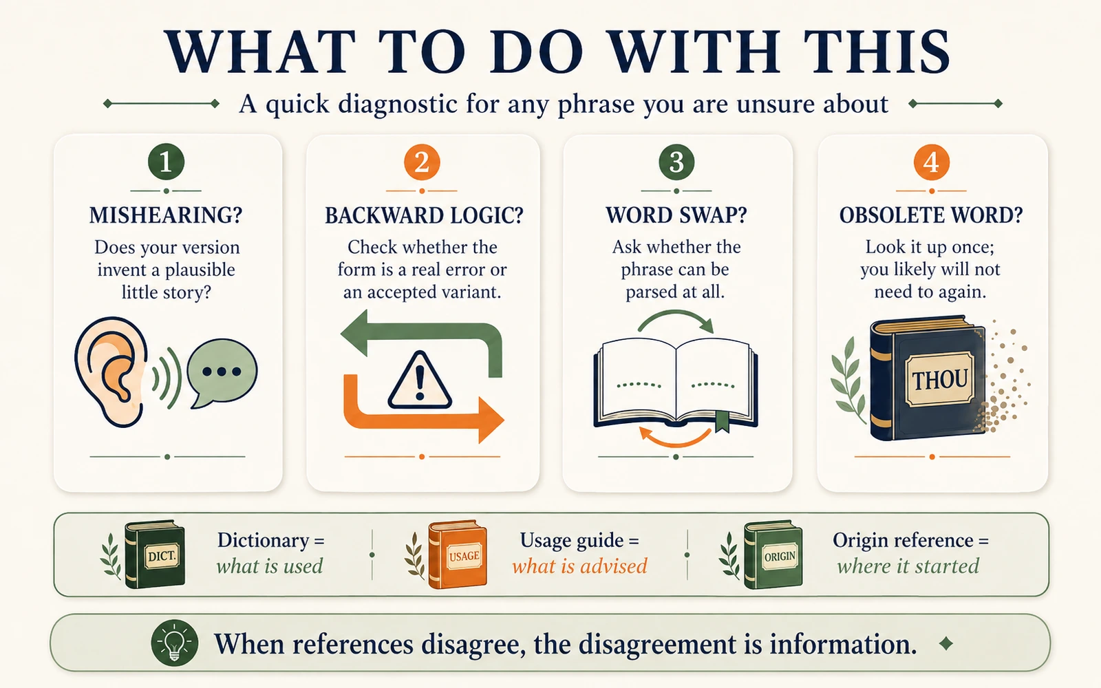 Four-step diagnostic infographic for deciding whether an idiom problem is a mishearing, backward logic, a word swap, or an obsolete word