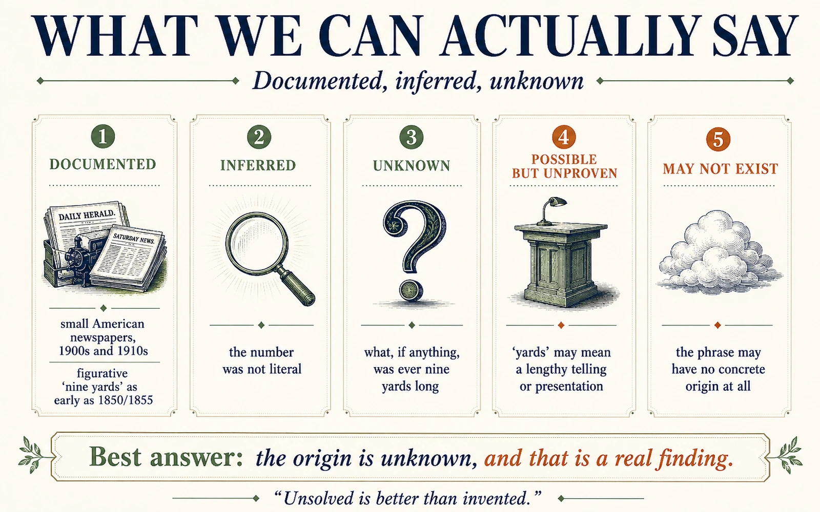 Five-part summary infographic dividing the evidence on the whole nine yards into documented, inferred, unknown, possible but unproven, and may not exist.