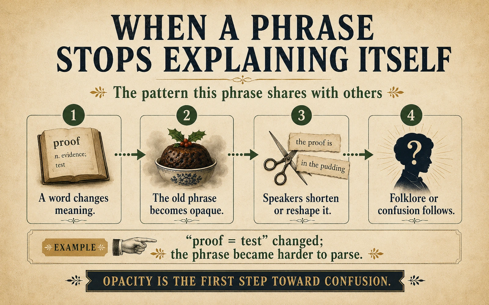 Four-step infographic showing how a word changes meaning, an old phrase becomes opaque, speakers shorten or reshape it, and confusion or folklore follows.